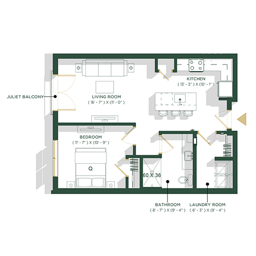One Bed/One Bath Floorplan - Example Units 104, 204 & 304