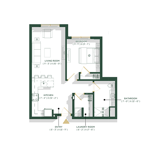 One Bed/One Bath Floorplan - Example Units 106 & 208