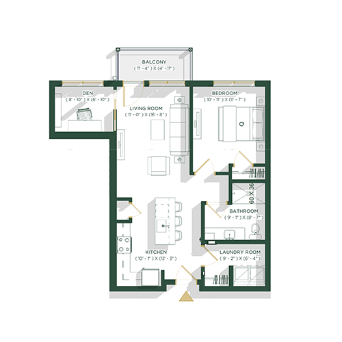 One Bed/One Bath w/ Den Floorplan - Example Units 216 & 314