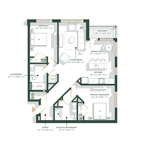 Two Bed/Two Bath Floorplan - Example Units 101, 201 & 301