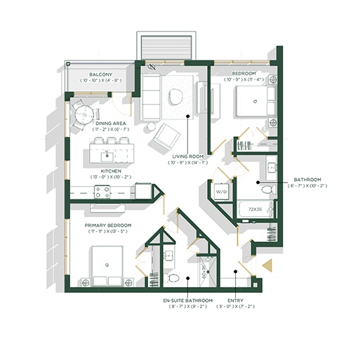 Two Bed/Two Bath Floorplan - Example Units 102, 202 & 302