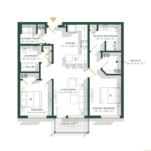 Two Bed/Two Bath Floorplan - Example Units 111, 213 & 313